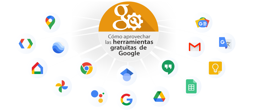 Una letra g, un engrane y una llave de tuercas rodeadas de iconos de Google